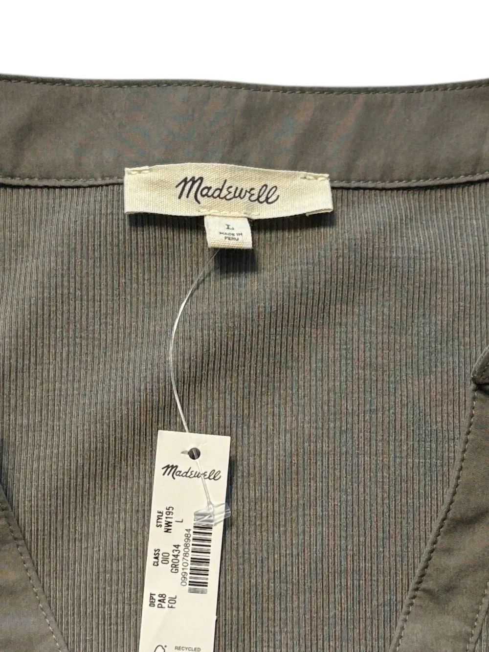 Madewell Puff Sleeve Henley Knit Top Size Large Olive Green Slim fit Cotton NWT